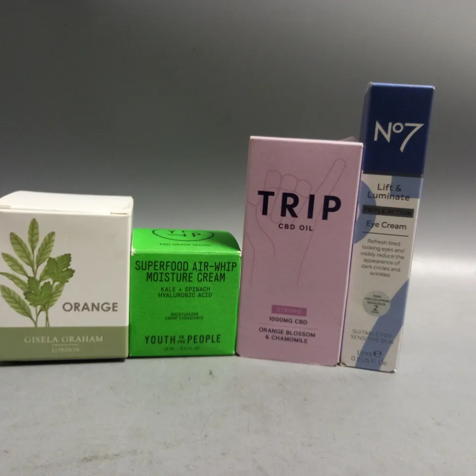 4 ASSORTED HEALTH AND BEAUTY PRODUCTS TO INCLUDE YTTP SUPERFOOD AIR-WHIP MOISTURE CREAM, NO.7 LIFT & LUMINATE EYE CREAM, TRIP CBD OIL, GISELA GRAHAM CANDLE
