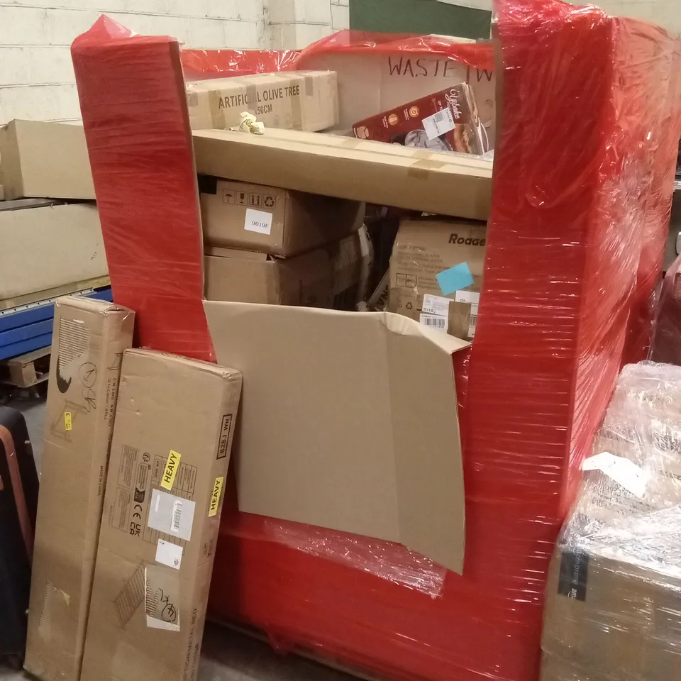 PALLET OF ASSORTED HOUSEHOLD GOODS AND PRODUCTS TO INCLUDE; AIR FRYER, CONSOLE TABLE, METAL BED FRAME, SUITCASE ETC