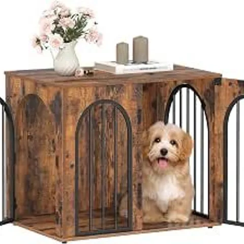 BOXED HZUANERI DOG CRATE FURNITURE, 68 CM DOG CRATE, ARCHED DOOR, RUSTIC BROWN