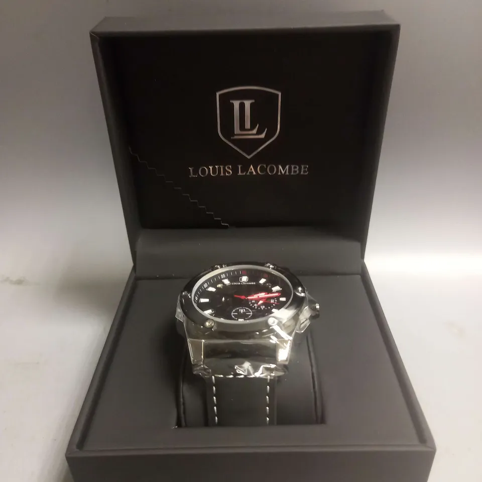 BOXED LOUIS LACOMBE WRIST WATCH IN BLACK/SILVER/RED