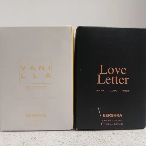 2 BOXED BERSHKA FRAGRANCES TO INCLUDE VANILLA BUTTER 100ML & LOVE LETTER 100ML