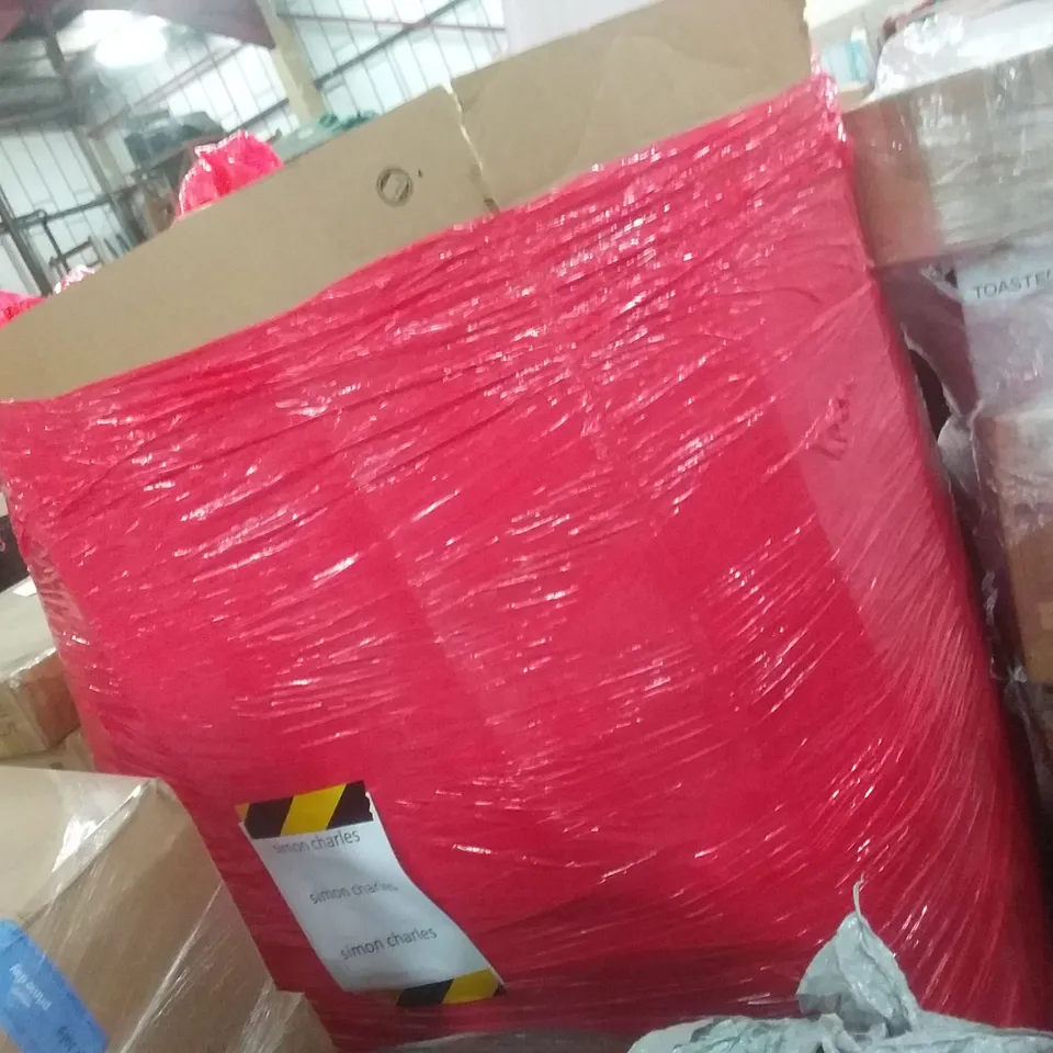 PALLET OF ASSORTED ITEMS INCLUDING PORTABLE TOILET, ROTISSERIE KIT, OAK FLOATING SHELF, QLF YUU BLACK SHOWER CURTAIN RAIL, DART GAME, NINTENDO SWITCH LITE CASEBOUND AND GREEN