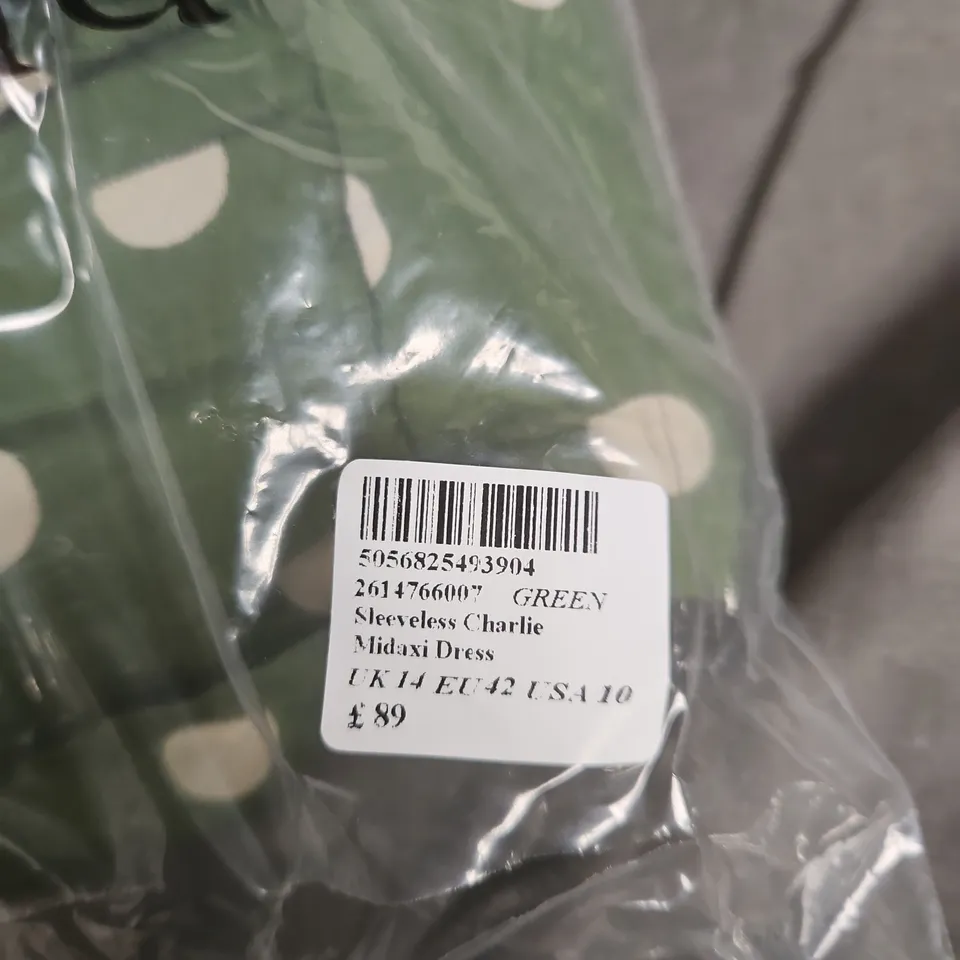 NOBODY'S CHILD SLEEVELESS CHARLIE MIDAXI DRESS – GREEN WITH WHITE POLKA DOTS, UK 14