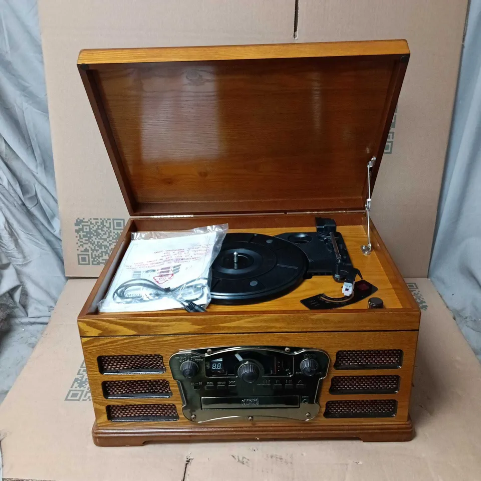 RETRO WOODEN CONSOLE STEREO WITH TURNTABLE, CD PLAYER & USB/SD INPUT (MODEL 14103-2T) UNBOXED