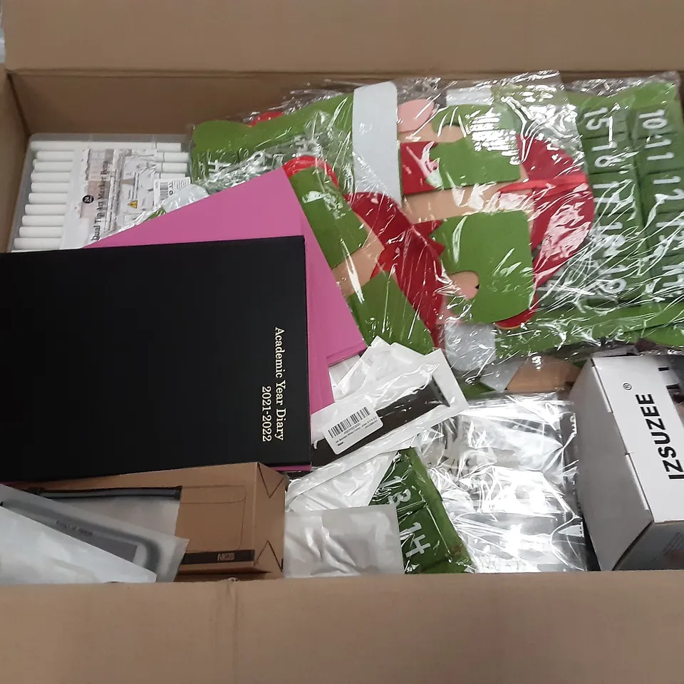 PALLET OF ASSORTED PRODUCTS INCLUDING ACADEMIC YEAR DIARY 2021-2022, 2022 BIRD DIARY, DUAL TIP ART MARKER PENS, LICENSE PLATE LIGHTS, IZSUZEE EXCISE BANDS, WALL-MOUNTED STORAGE BOX