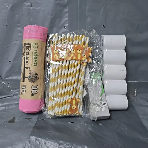 APPROXIMATELY 12 ASSORTED ITEMS TO INCLUDE - 30L PLASTIC BAGS , PAPER STRAWS , JAYSUIBG SUPER GLUE ETC