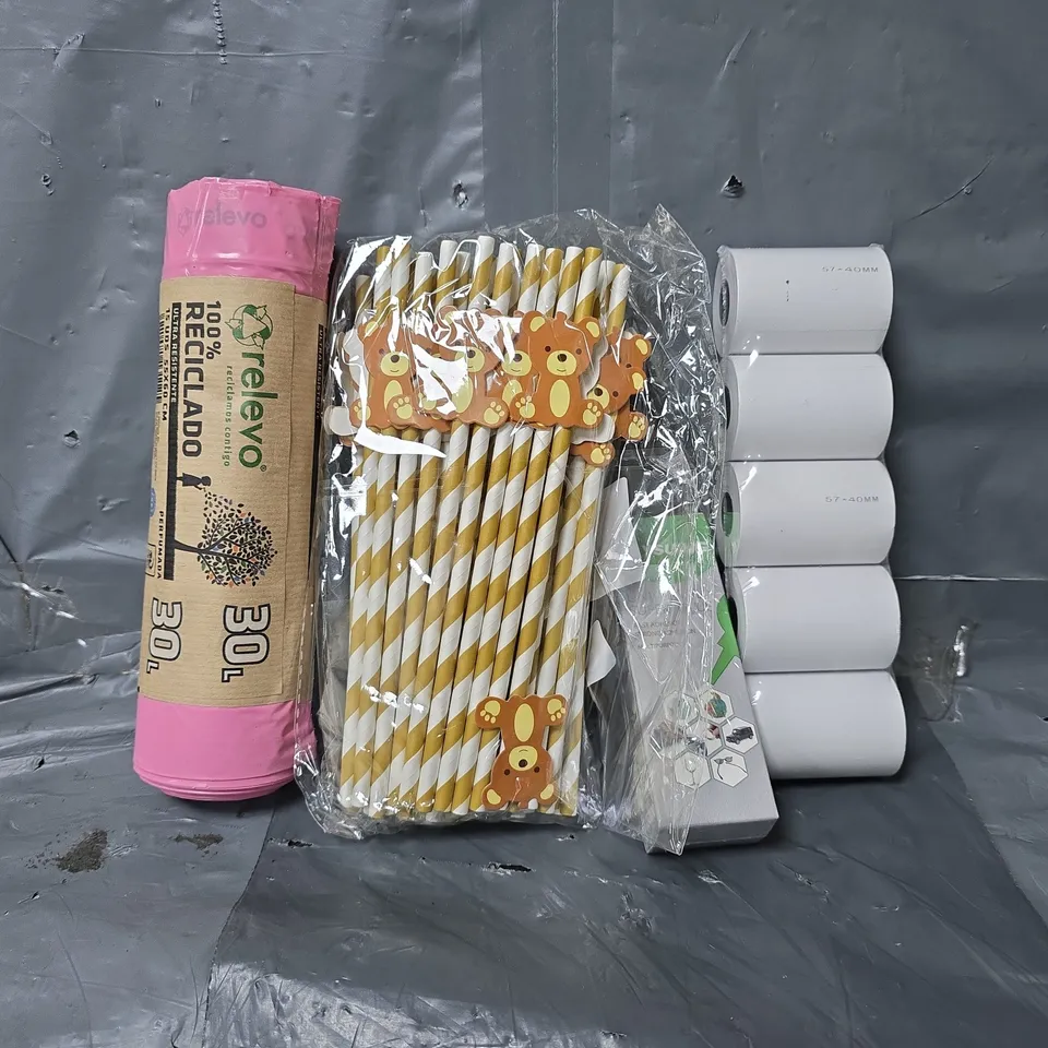APPROXIMATELY 12 ASSORTED ITEMS TO INCLUDE - 30L PLASTIC BAGS , PAPER STRAWS , JAYSUIBG SUPER GLUE ETC