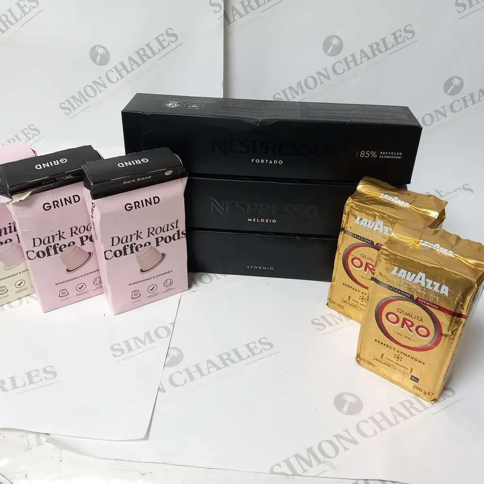 APPROXIMATELY 8 ASSORTED COFFEE PRODUCTS TO INCLUDE; GRIND, NESPRESSO AND LAVAZZA