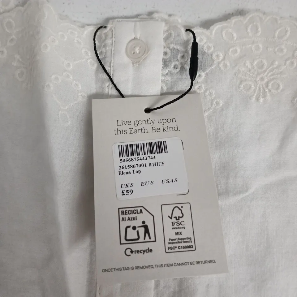NOBODY'S CHILD ELENA TOP – WHITE LACE EMBROIDERED TOP, UK S (EU S, US S)