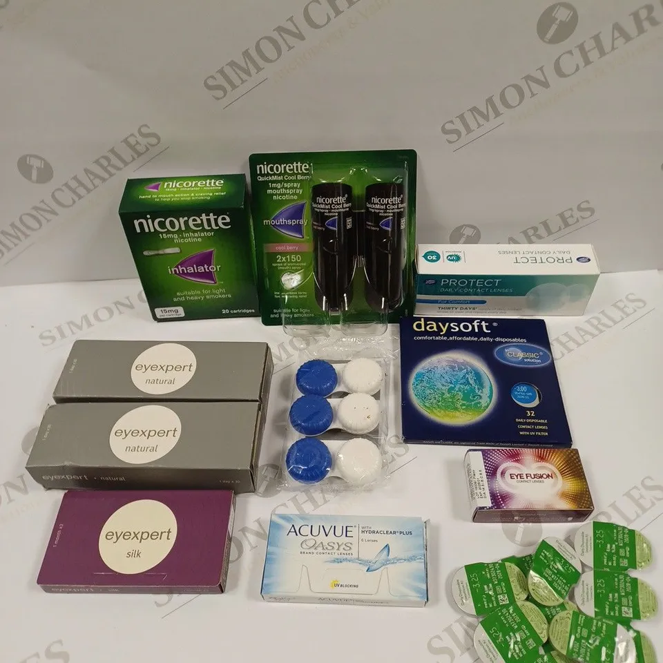 BOX OF APPROXIMATELY 30 ASSORTED HEALTH & EYECARE PRODUCTS TO INCLUDE NICORETTE MOUTHSPRAY, CONTACT LENSES, CONTACT CASES ETC