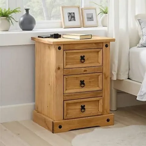 BOXED CORONA 3 DRAWER BEDSIDE - DISTRESSED WAXED PINE (1 BOX)