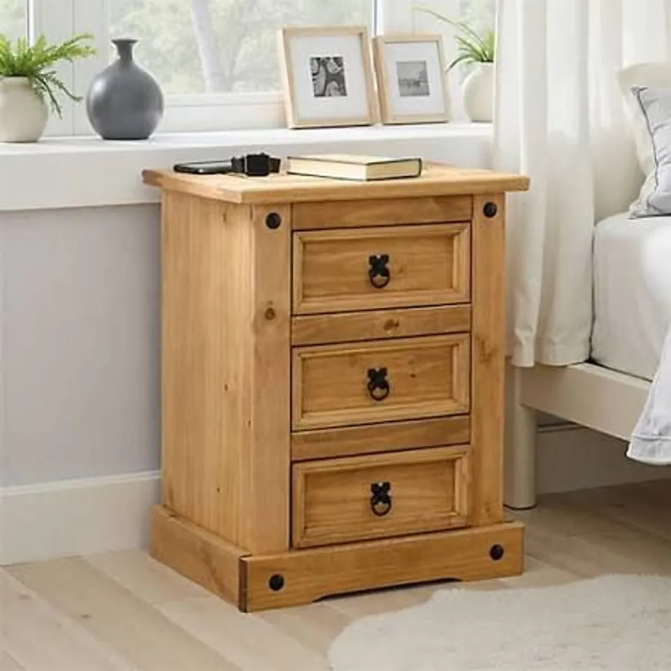 BOXED CORONA 3 DRAWER BEDSIDE - DISTRESSED WAXED PINE (1 BOX)