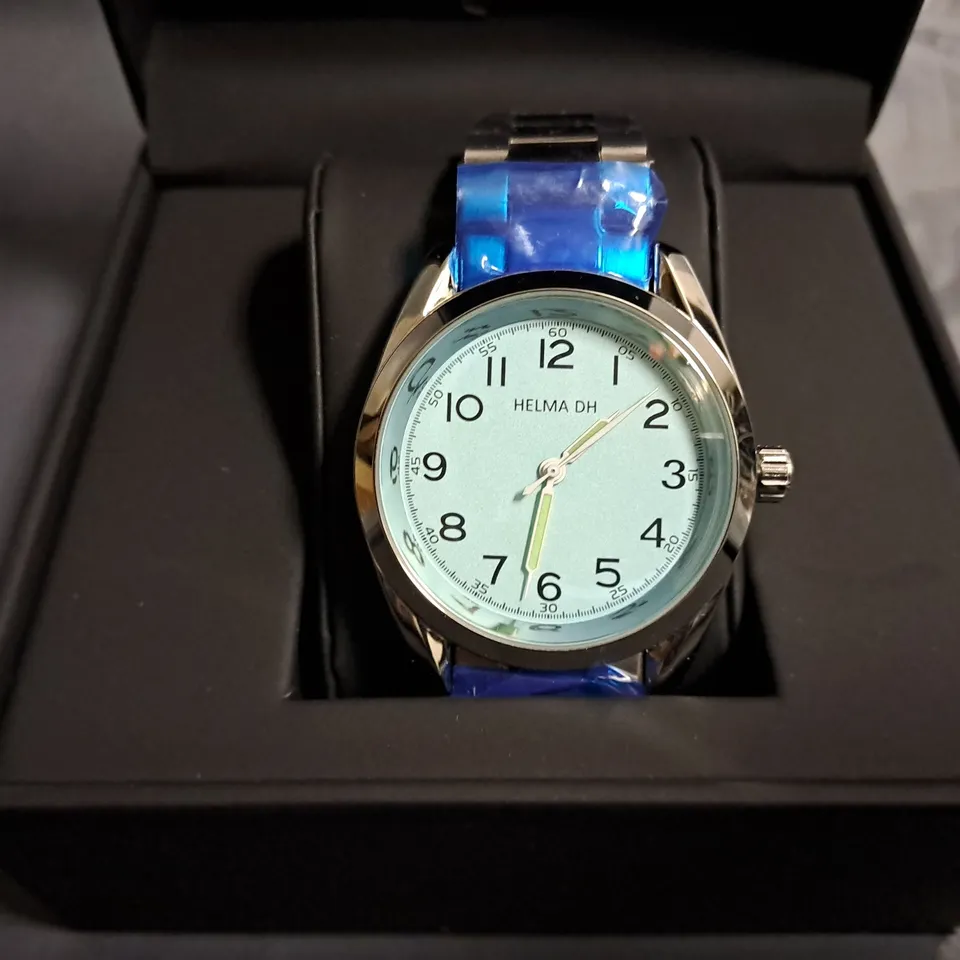 HELMA DH SIVER FACED WATCH WITH LIGHT BLUE DIAL 