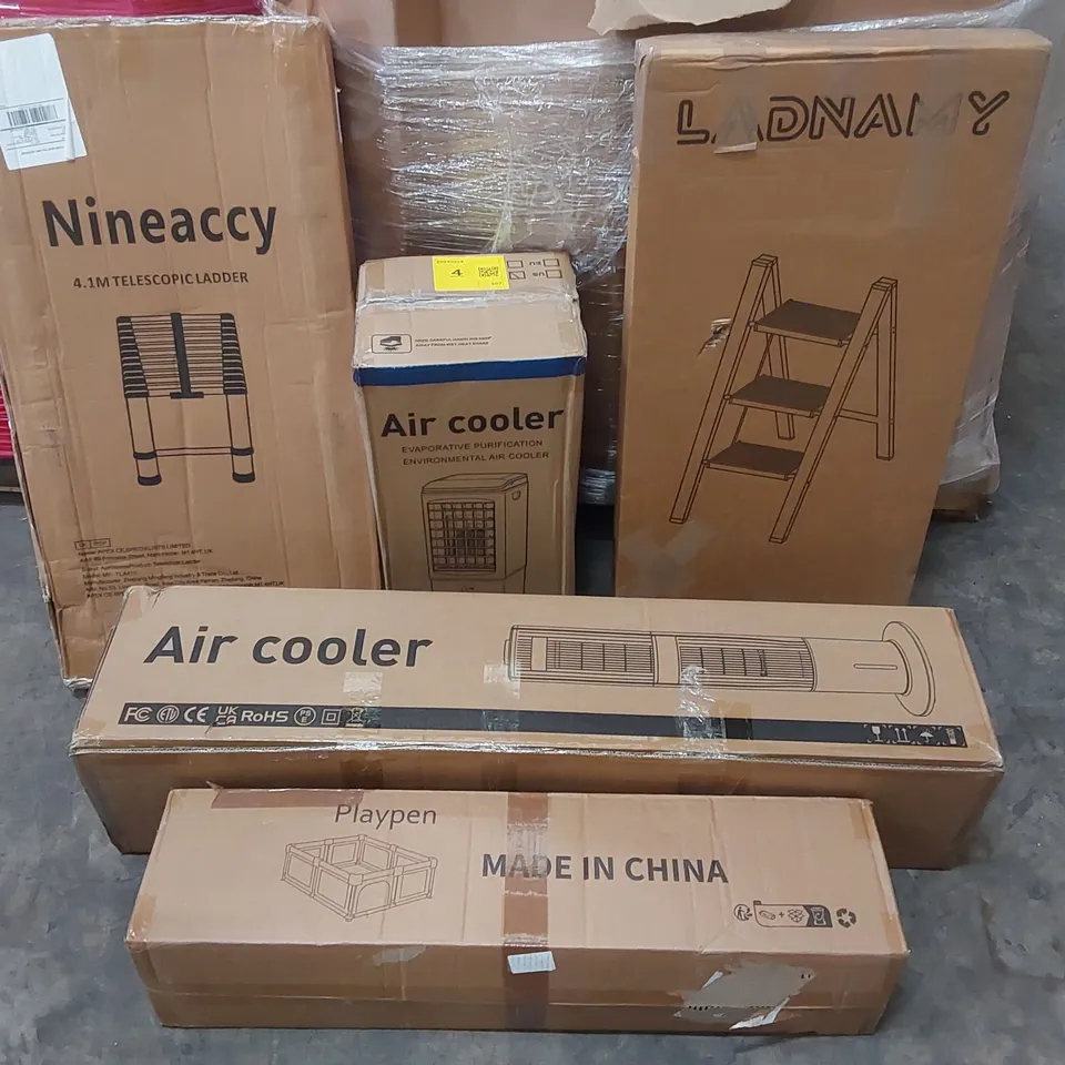 PALLET OF ASSORTED CONSUMER PRODUCTS TO INCLUDE: AIR COOLERS, LADDERS, BABY PLAYPEN ECT