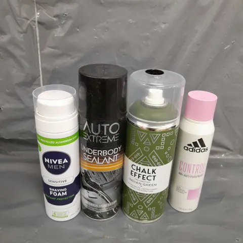 APPROXIMATELY 12 ASSORTED AEROSOLS TO INCLUDE , ADIDAS BODY SPRAY , UNDERBODY SEALANT , NIVEA SHAVING FOAM , ETC