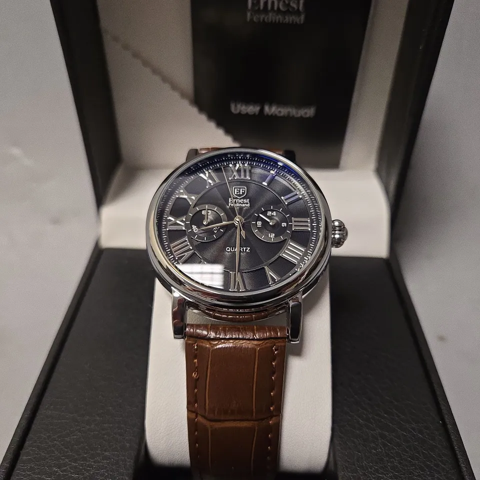 BOXED ERNEST FERDINAND MENS BLACK DIAL WATCH 