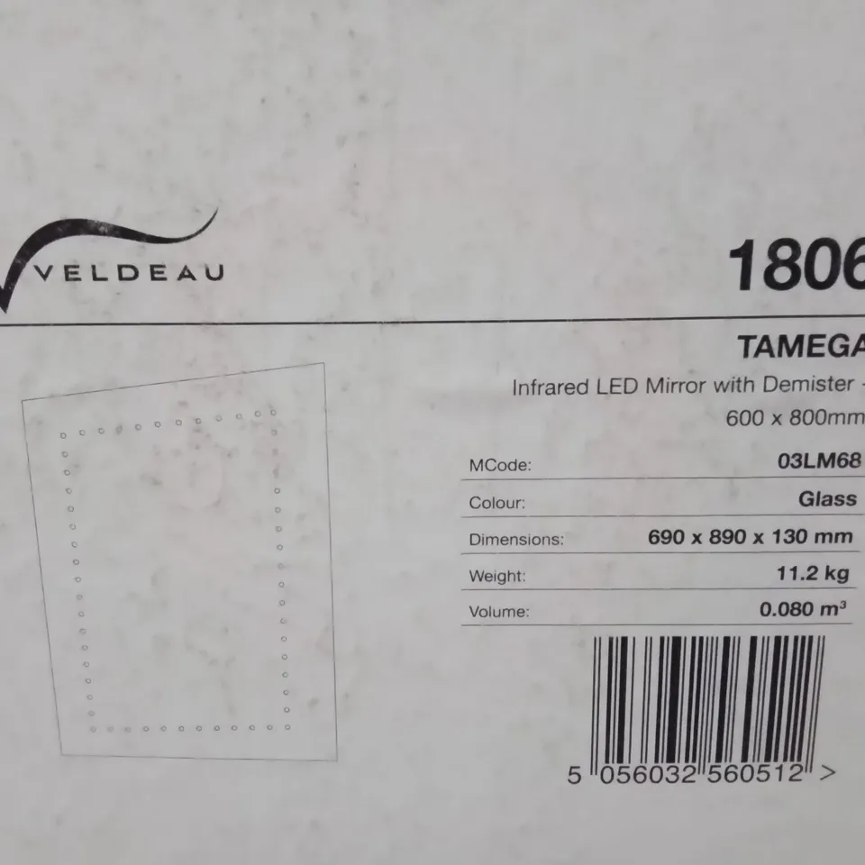 BOXED AS NEW VELDEAU TAMEGA INFRARED LED MIRROR WITH DEMISTER - 600X800MM