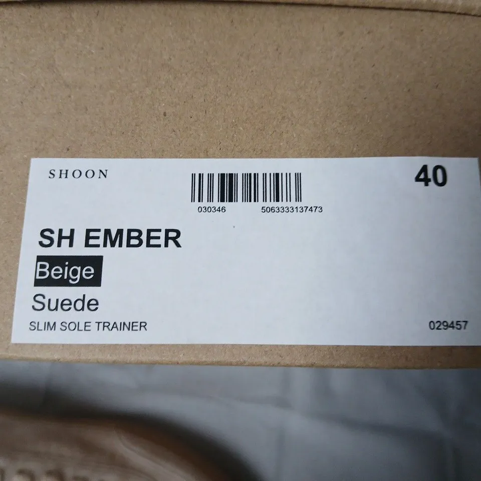 boxed pair of shoon ember suede slim sole trainers in beige - 40