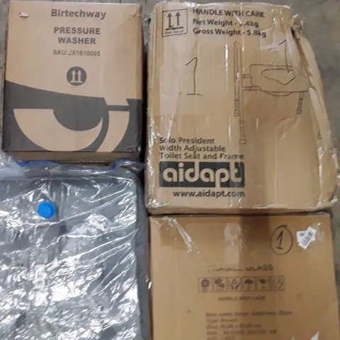 PALLET TO CONTAIN AN ASSORTMENT OF HOUSEHOLD ITEMS TO INCLUDE PRESSURE WASHER, CUSHIONS, MIRRORS, SOLO TOILET SEAT WITH FRAME ECT