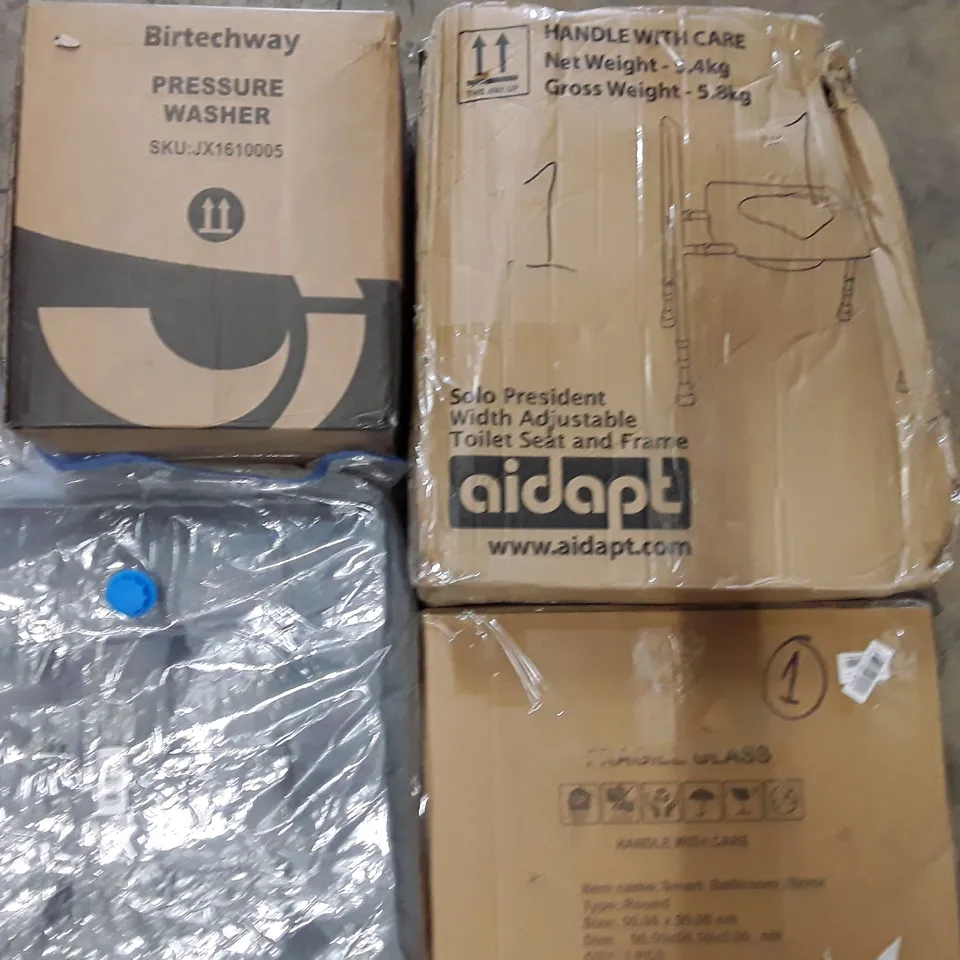 PALLET TO CONTAIN AN ASSORTMENT OF HOUSEHOLD ITEMS TO INCLUDE PRESSURE WASHER, CUSHIONS, MIRRORS, SOLO TOILET SEAT WITH FRAME ECT