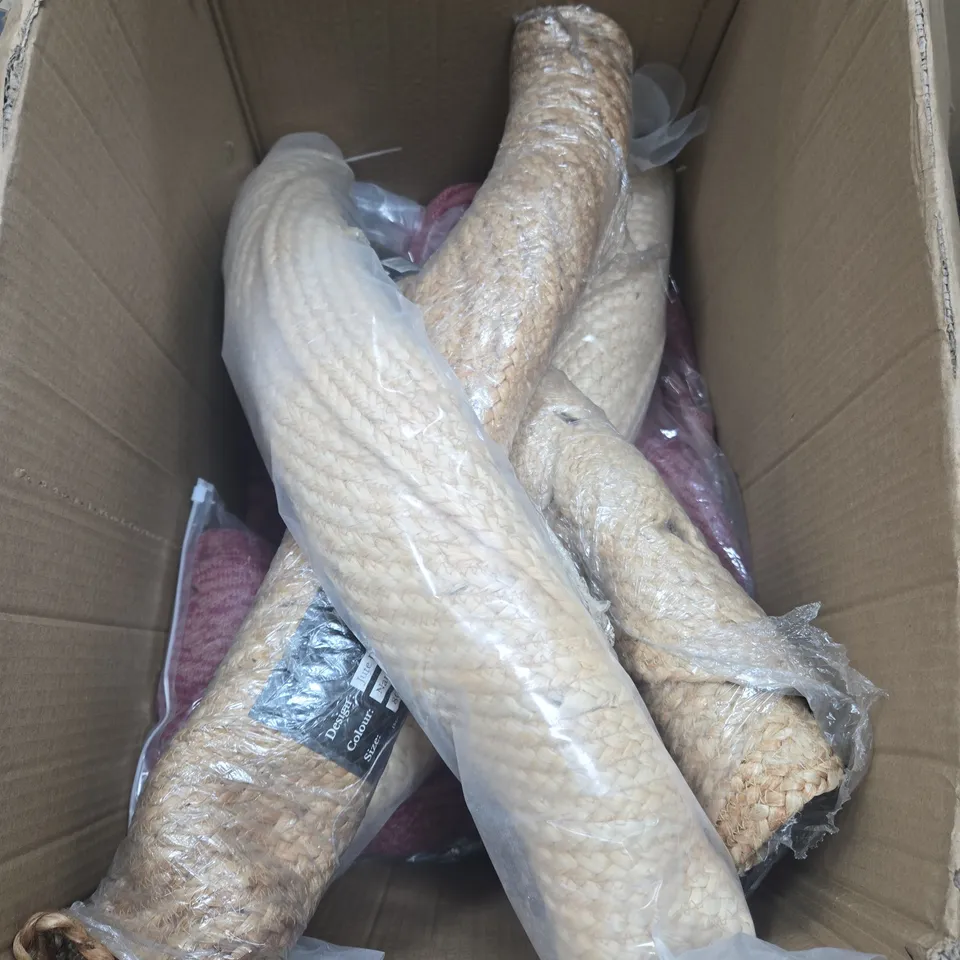 BOX CONTAINING APPROXIMATELY 8 ITEMS INCLUDING JUTE IBO ROUND RUG 80CM X 80CM AND LA MAREY CARDIGAN