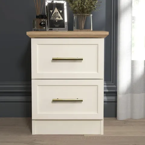 BOXED CLEVERDON FEYA 2 DRAWER BEDSIDE TABLE - IVORY/BEAUFORT OAK EFFECTS
