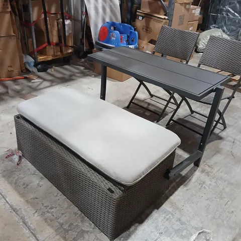 GREY WOVEN OUTDOOR DINING SET WITH CUSHIONED STORAGE BENCH – TABLE + 2 CHAIRS
