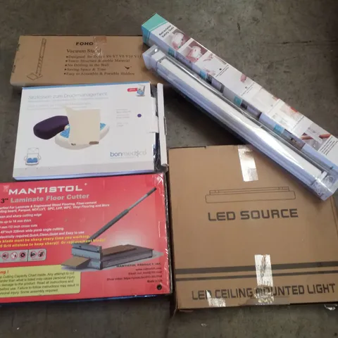 PALLET CONTAINING ASSORTED PRODUCTS INCLUDING VACUUM STAND, SEAT CUSHION FOR PRESSURE MANAGEMENT, 13" LAMINATE FLOOR CUTTER, LED CEILING MOUNTED LIGHT, ROLLER BLIND & RETRACTABLE SAFTEY GATE