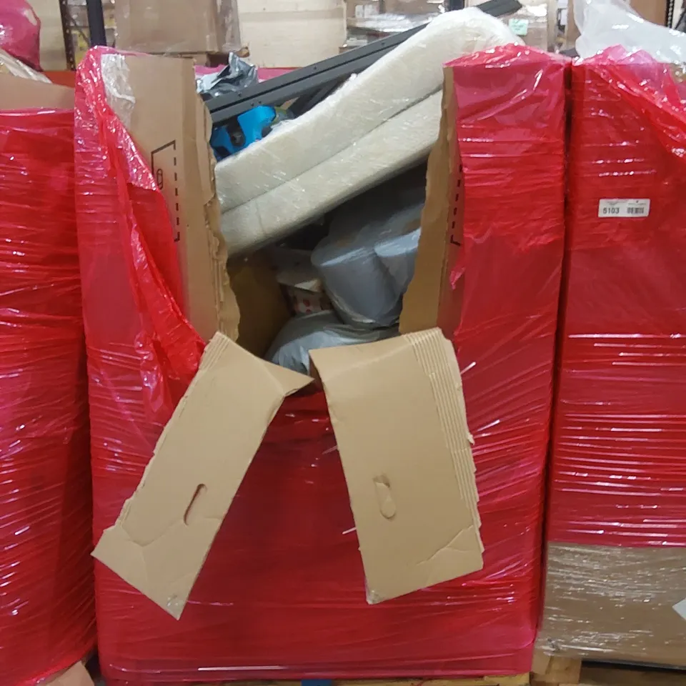 PALLET OF ASSORTED HOUSEHOLD ITEMS AND CONSUMER PRODUCTS TO INCLUDE; MATTRESS TOPPER, GARDEN SPRINKLER, PAPER TOWELS ETC