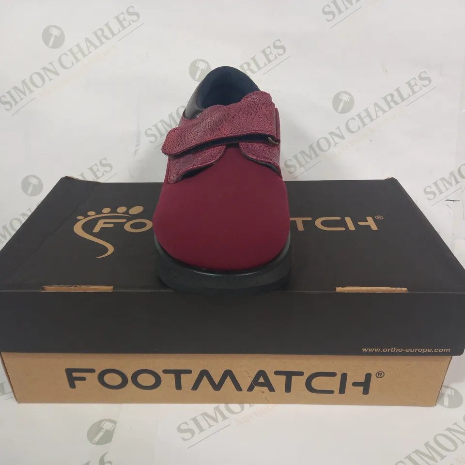 BOXED PAIR OF FOOTMATCH VELCRO STRAP SHOES IN BURGUNDY SIZE UNSPECIFIED
