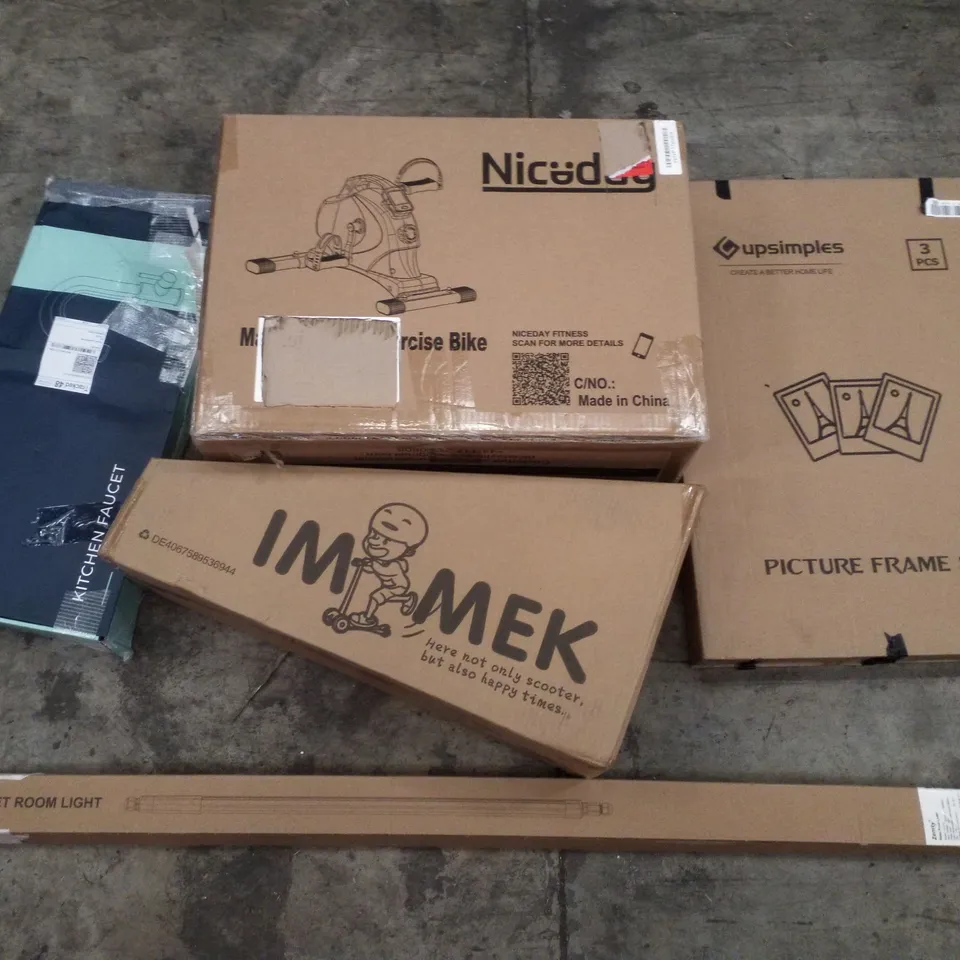 PALLET CONTAINING ASSORTED PRODUCTS INCLUDING KITCHEN FAUCET, WET ROOM LIGHT, KIDS SCOOTER, PICTURE FRAME SET & MAGNETIC MINI EXERCISE BIKE