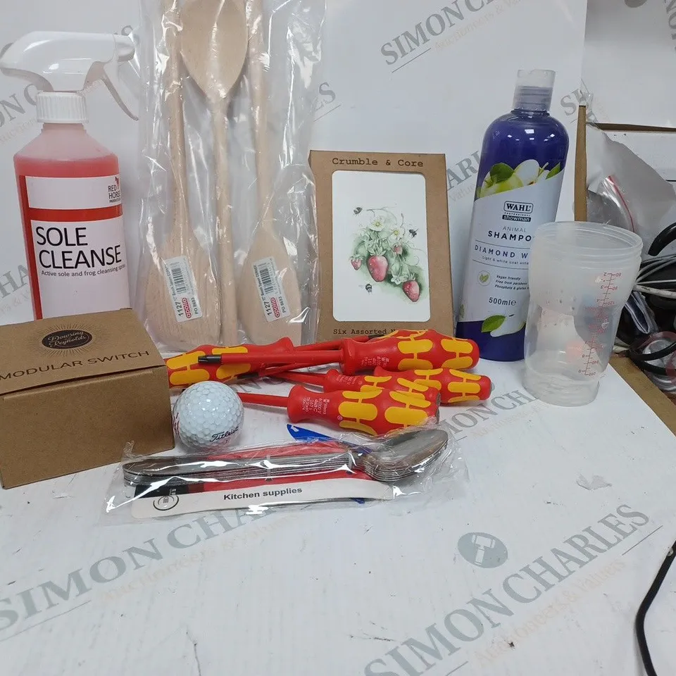 LOT OF HOUSEHOLD ITEMS TO INCLUDE WOODEN SPOONS, SHAMPOO, ETC