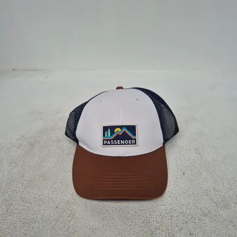 PASSENGER TRUCKER CAP – WHITE FRONT, NAVY MESH, BROWN BRIM