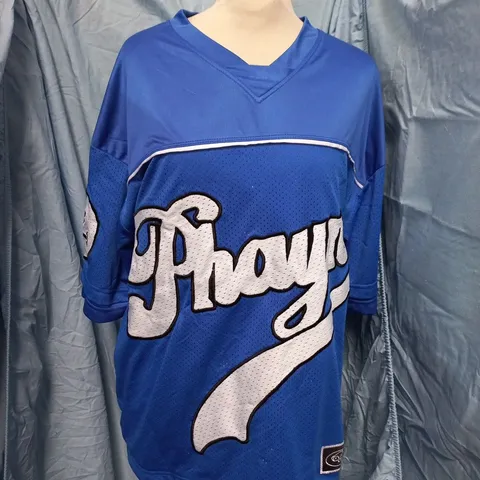 PHAYN BLUE SPORTS JERSEY WITH LARGE '14' BACK AND 'BE AWARE ALWAYS' SLOGAN – XS