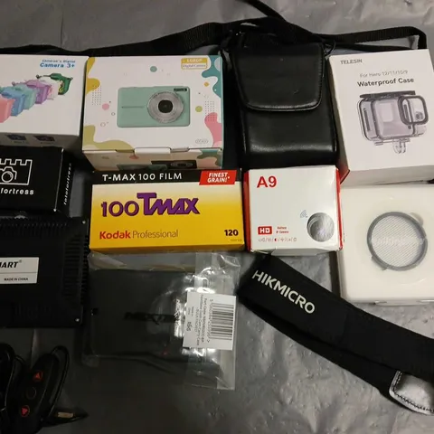 LOT OF 11 ASSORTED PHOTOGRAPHY ACCESSORY ITEMS TO INCLUDE KODAK FILM. GOPRO WATERPROOF CASE AND NEXTBASE CARRY CASE