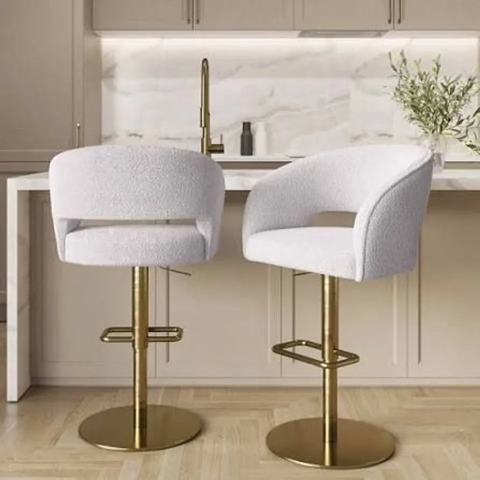 BOXED ADJUSTABLE BAR STOOLS SET OF 2 WITH WOVEN BACKS AND GOLD BASE, UPHOLSTERED BOUCLE FABRIC, IVORY
