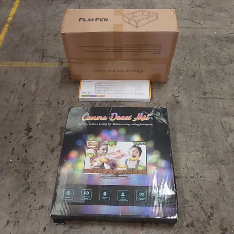 PALLET OF ASSORTED HOUSEHOLD ITEMS AND CONSUMER PRODUCTS TO INCLUDE; PLAYPEN, DANCE MAT, KEYBOARD, BOXED FURNITURE ETC