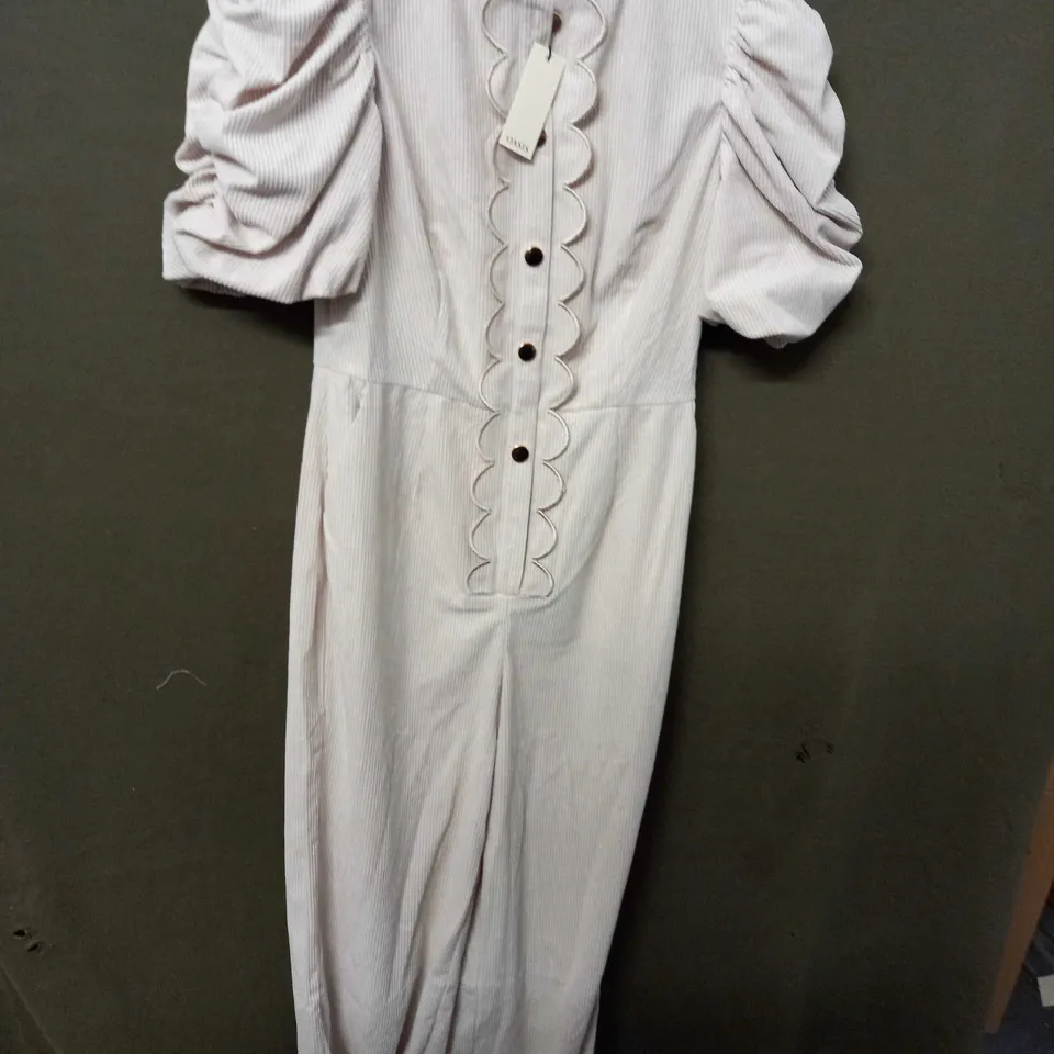 OASIS CORD SCALLOP PUFF SLEEVE JUMPSUIT IN CREAM - UK 10