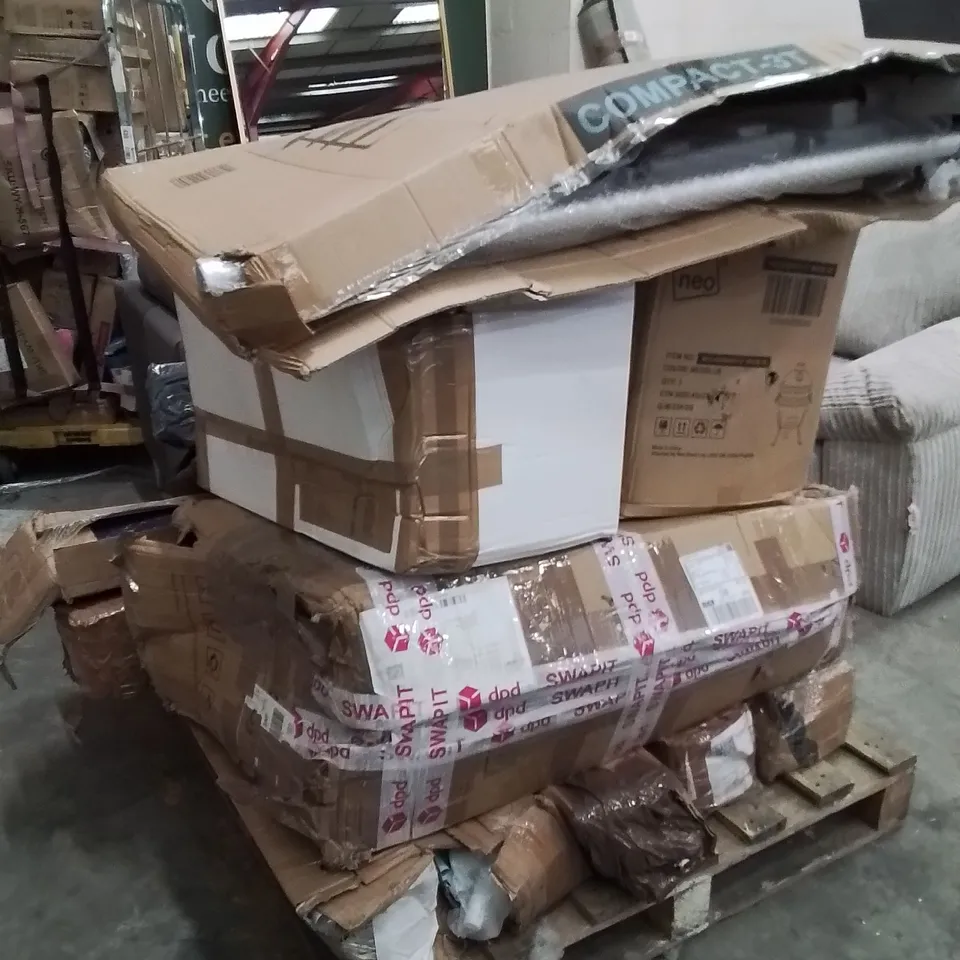 PALLET OF ASSORTED HOUSEHOLD GOODS AND PRODUCTS TO INCLUDE;TUBE TENTS,GARDEN FURNITURE SET,HEATED AIRER,CAMPING TROLLEYS