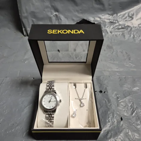 SEKONDA GIFT SET WOMENS 26MM ANALOGUE WATCH WITH SILVER STONE SET WHITE DIAL, SILVER STAINLESS STEEL BRACELET MATCHING STONE SET PENDANT AND EARRINGS