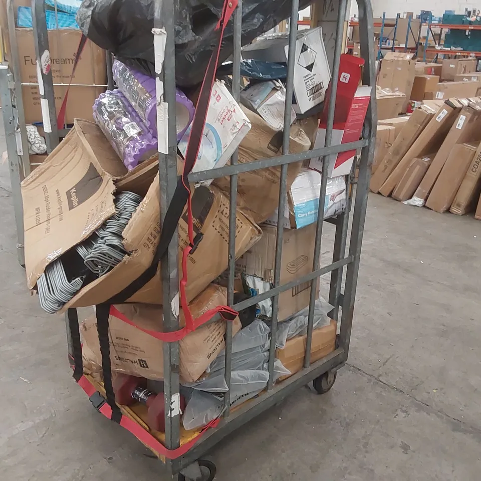 CAGE OF ASSORTED CONSUMER PRODUCTS/FURNITURE PARTS INCLUDING: COAT HANGERS, FOAM ROLLERS, SHOE RACK ECT // CAGE NOT INCLUDED 