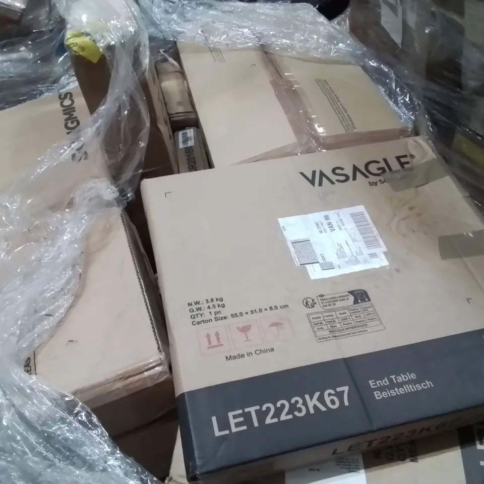 PALLET CONTAINING VARIOUS ASSORTED CUSTOMER RETURNS. TO INCLUDE: SIDE TABLES, BOXED FURNITURE, PEDAL BINS ECT.