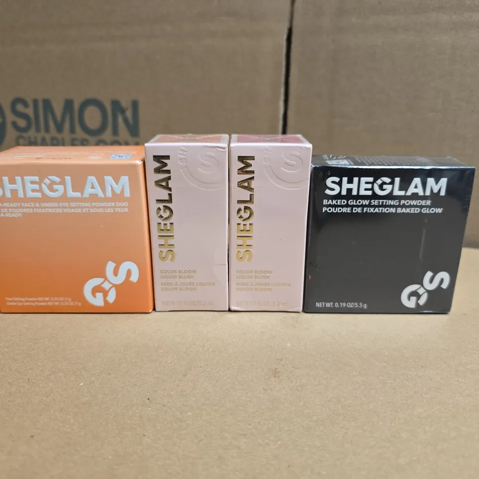 LOT OF 4 SEALED SHEGLAM BEAUTY ITEMS TO INCLUDE SETTING POWDERS AND LIQUID BLUSH