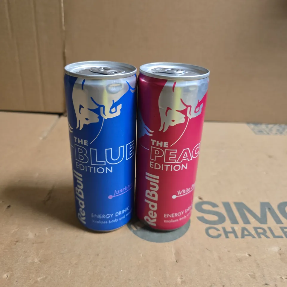 TOTE OF APPROXIMATELY 15 CANS OF RED BULL ENERGY DRINKS THE BLUE EDITION AND PEACH EDITION 250ML PER CAN