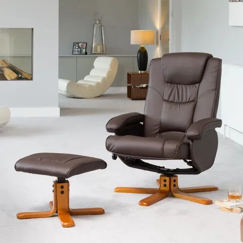 BOXED YVELINES FAUX LEATHER SWIVEL RECLINER WITH FOOTSTOOL - BROWN (1 BOX)