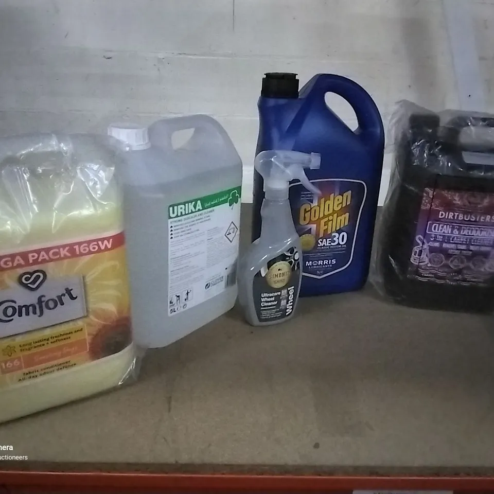 5 ITEMS, MORRIS 5L CLASSIC SAE 30 OIL, 5L DIRTBUSTERS 3 INB1 CARPET CLEANER, 5L COMFORT FABRIC CONDITONER, 5L URIKA STRONG DDSCALER & SIMONIZ SPRAY WHEEL CLEANER