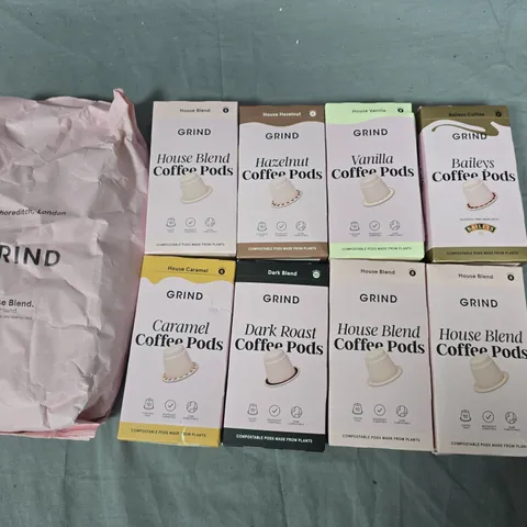 LOT OF 9 ASSORTED GRIND COFFEE ITEMS TO INCLUDE HOUSE BLEND BEANS AND COFFEE POD MULTI-PACKS