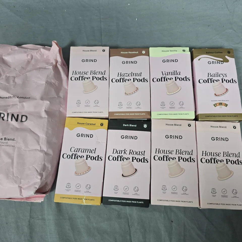 LOT OF 9 ASSORTED GRIND COFFEE ITEMS TO INCLUDE HOUSE BLEND BEANS AND COFFEE POD MULTI-PACKS