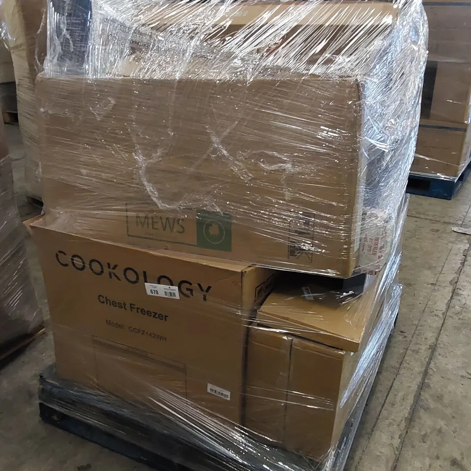 PALLET TO CONTAIN HOUSEHOLD ITEMS. INCLUDES VACUUM MOPPING ROBOTS, ELECTRIC HEATER, TOILET SEAT, CHEST FREEZER ETC