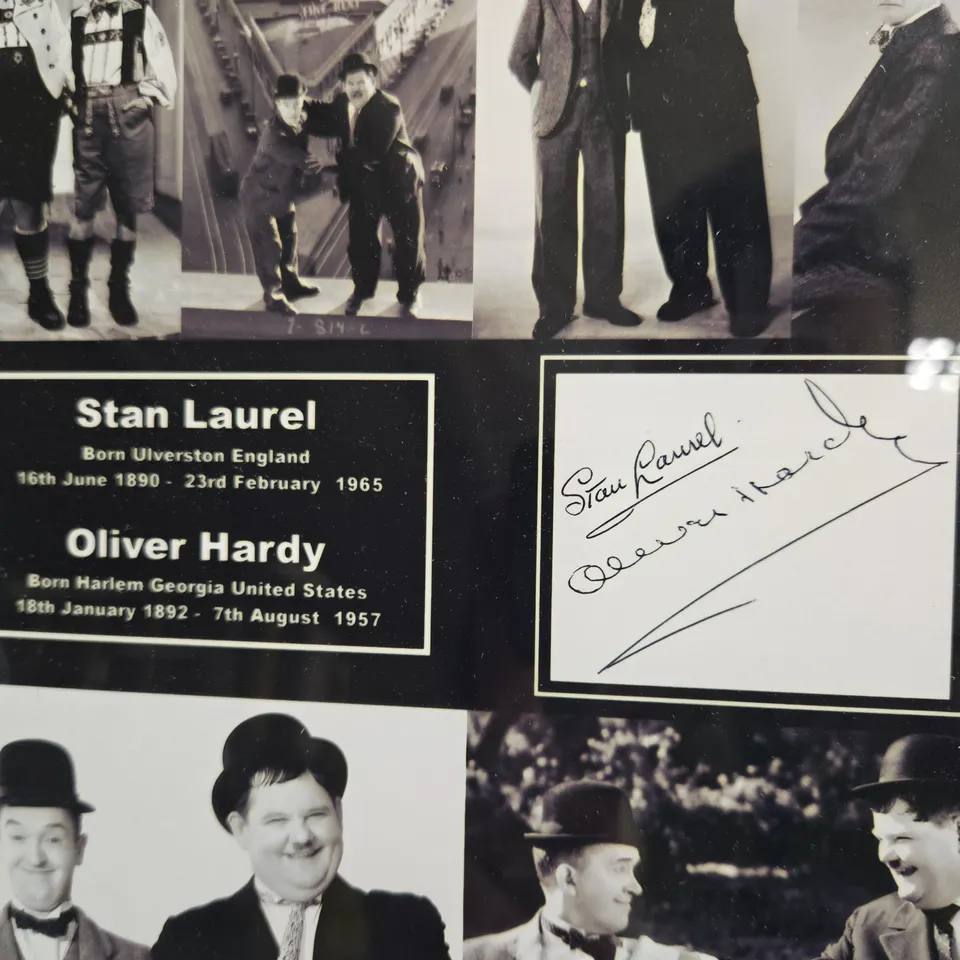 LAUREL AND HARDY FRAMED COLLAGE PRINT WITH SIGNATURES